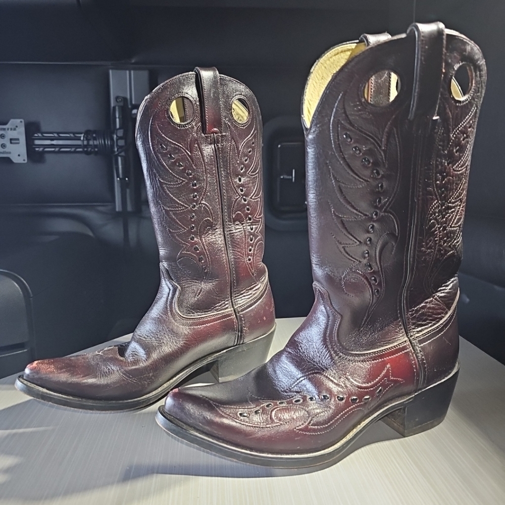 Vtg. Durango DB585 Men's Black Cherry Leather Western Cowboy Boots Flame 7EE